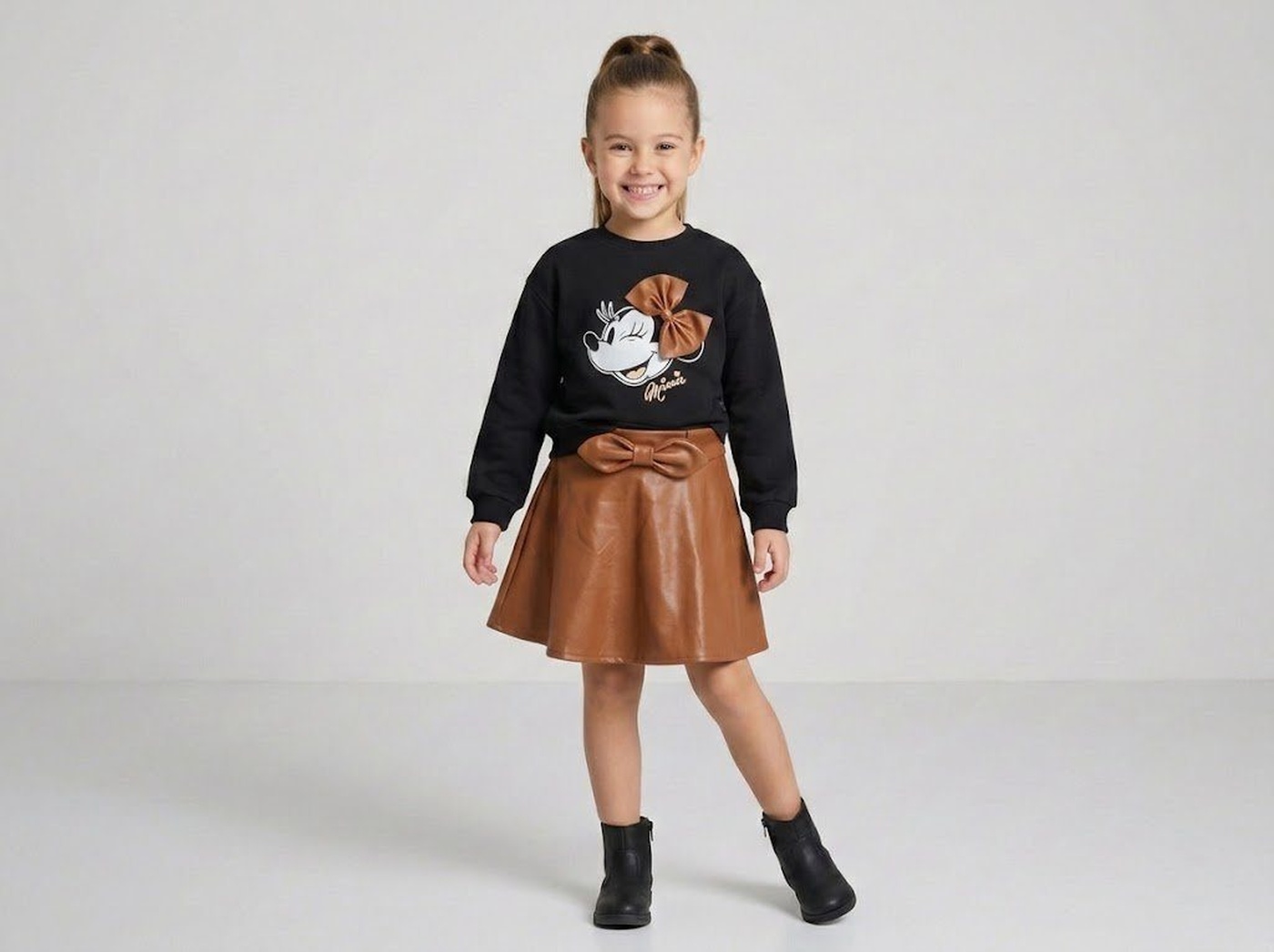 Minnie Leather Bow Set Black - Girl (Brown Leather Skirt)-10