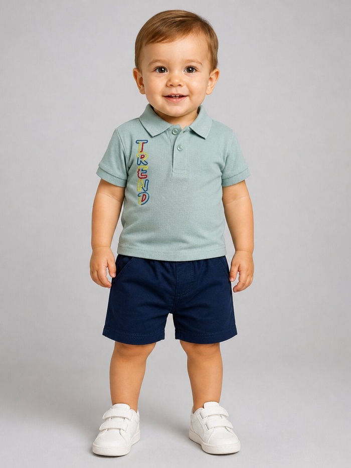 Lettered Light Blue Polo Shorts Set - Boy (Polo Collar)
