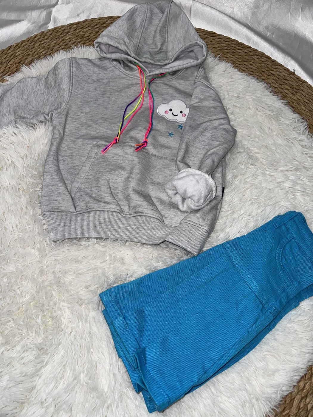 Rainbow Cloud Fringe Hoodie Set Grey - Girl (Blue Denim Skirt)-06